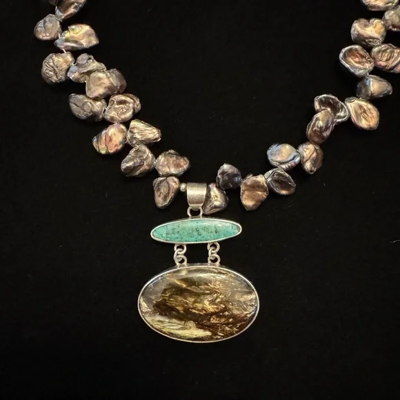 NWOT Freshwater Pearl Necklace with Jasper & Turquoise Pendant - Picture 2 of 8